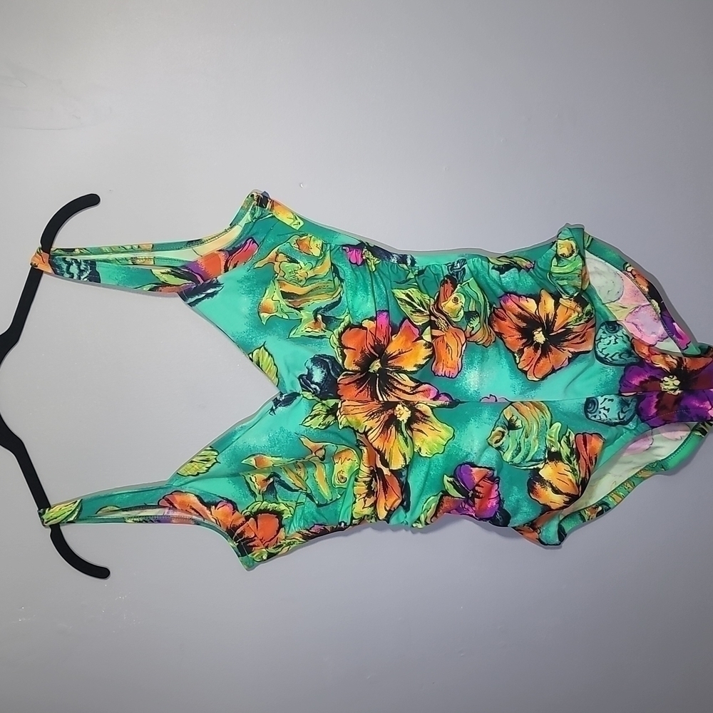 VINTAGE 70's, 80's Gabar Floral Mint Green Ruched One Piece Swimsuit